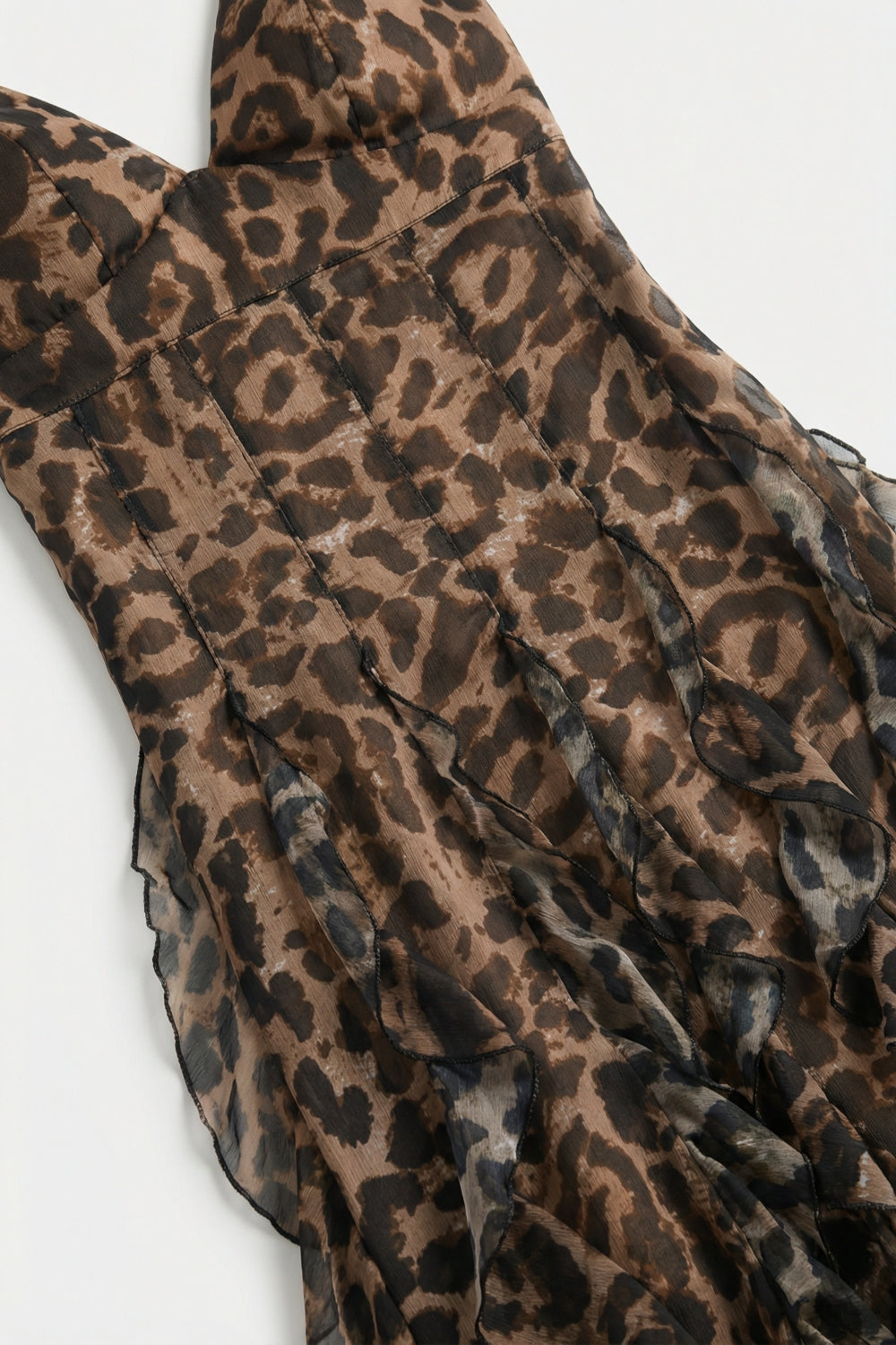 Brown Leopard Print Maxi Dress in chiffon fabric with Ruffled Hem