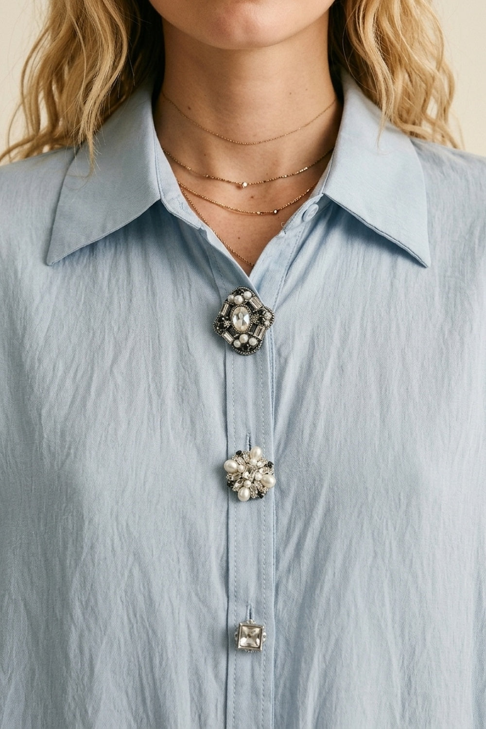 Light Blue Embellished Button-Down Blouse in tencel fabric