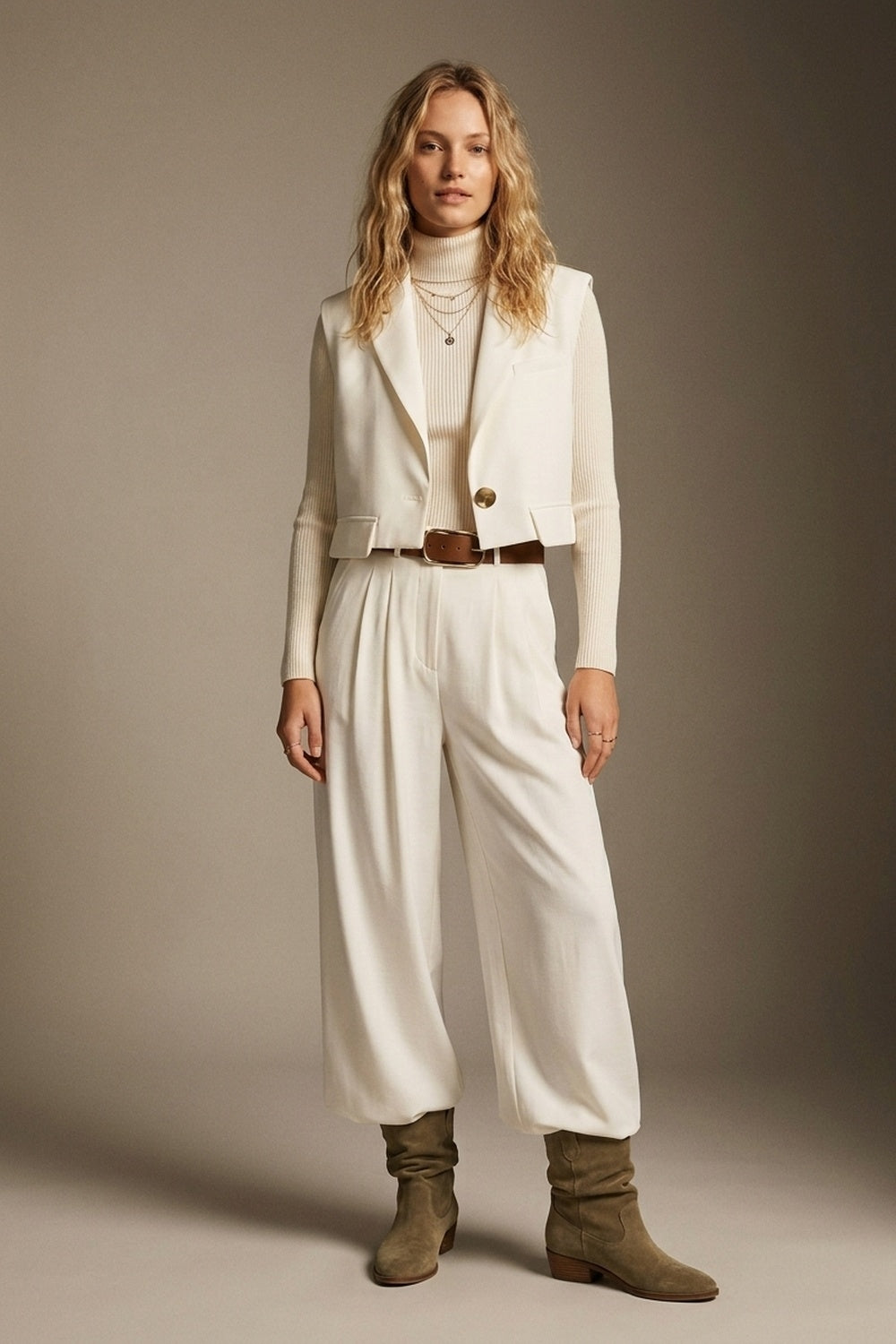 White Woven Tailored Shawl Lapel Single Button Cropped Vest