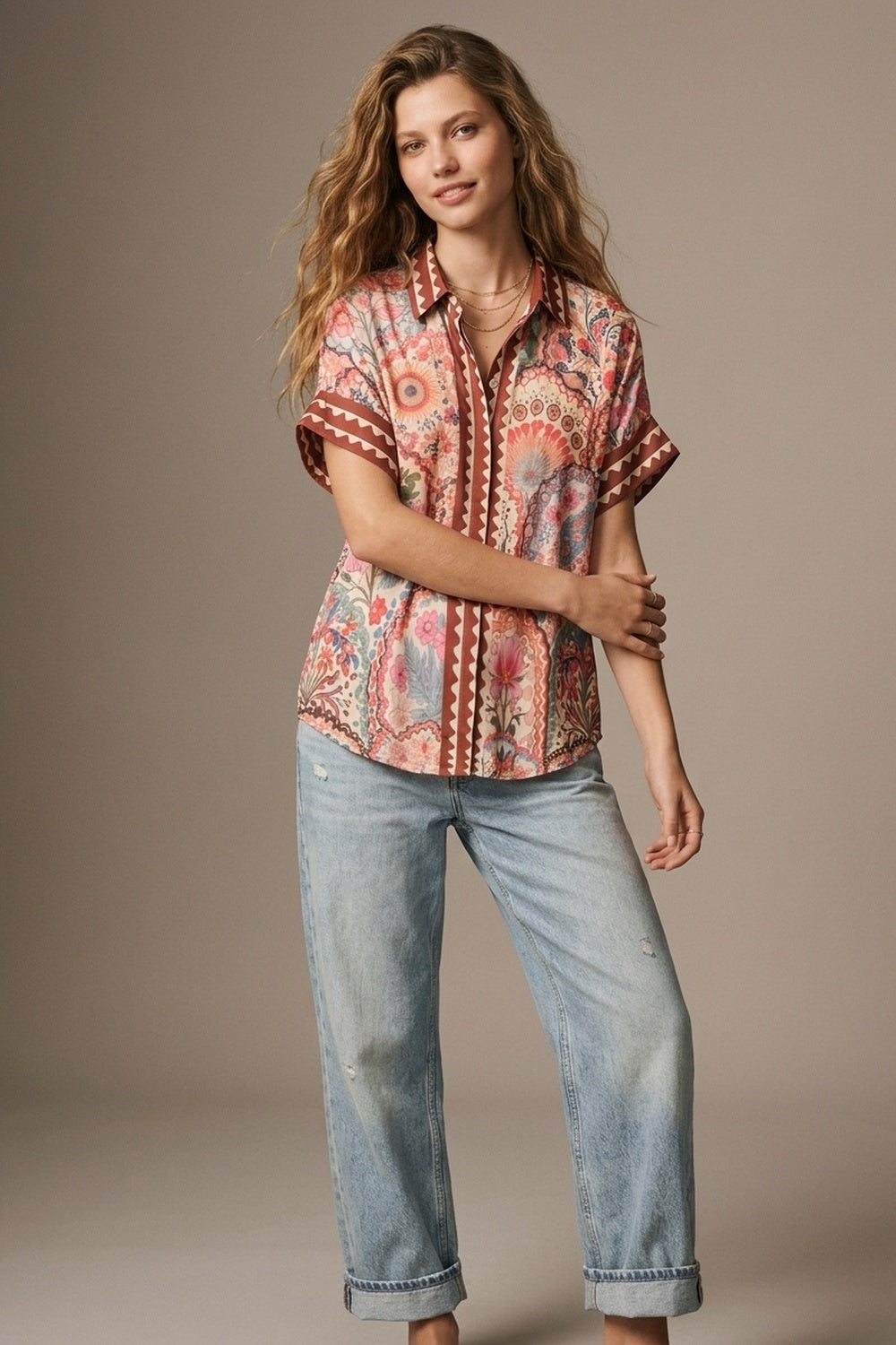 Multicolor Floral Print Lightweight facric Contrast Trim Shirt
