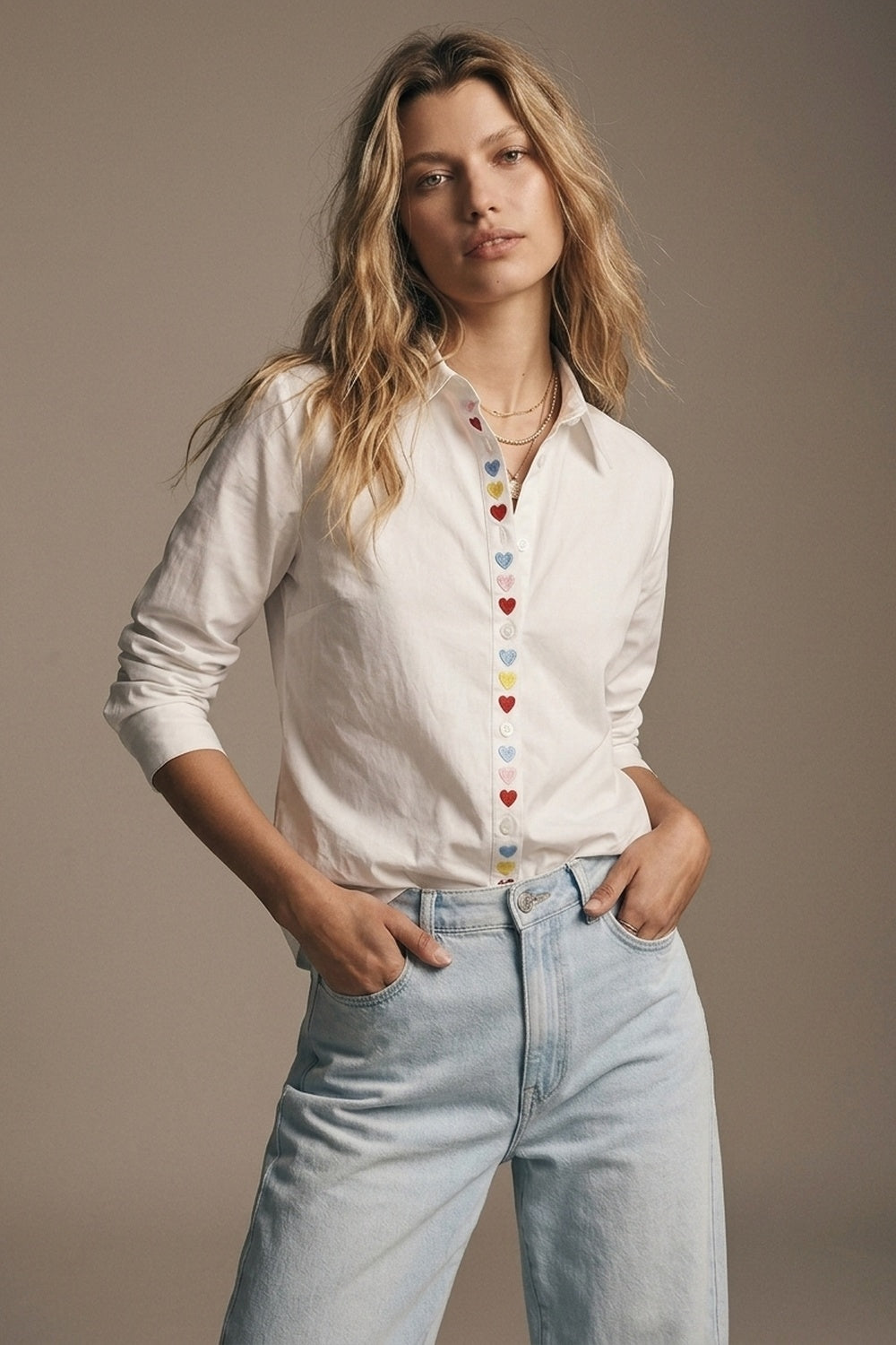 White Heart Embroidered Button Front Shirt