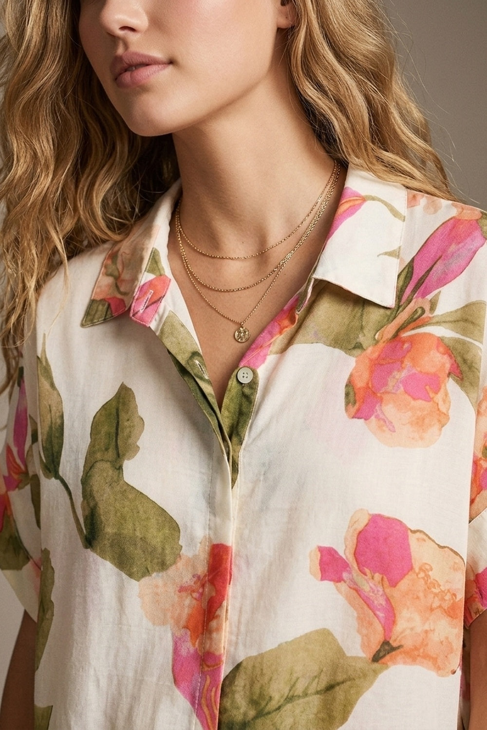 Cream Floral Print Lightweight Woven shirt with Short Sleeve