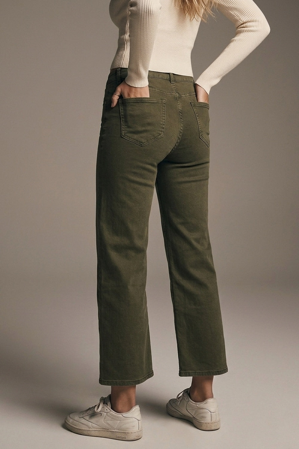 Cropped wide leg jeans in khaki
