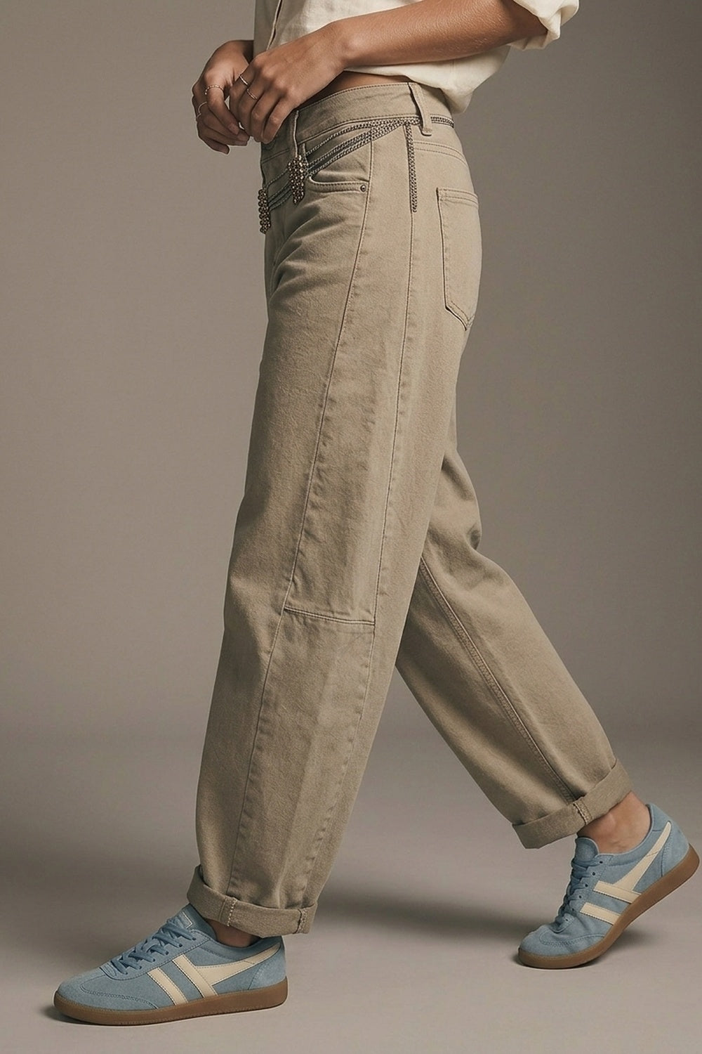 Trendy Beige Barrel Balloon Jeans with Pockets