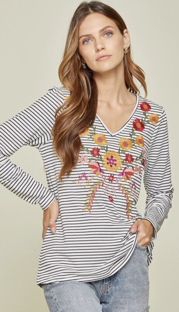 SAVANNA JANE Ivory and Black Stripe Long Sleeve V-neck Top with Floral Embroider