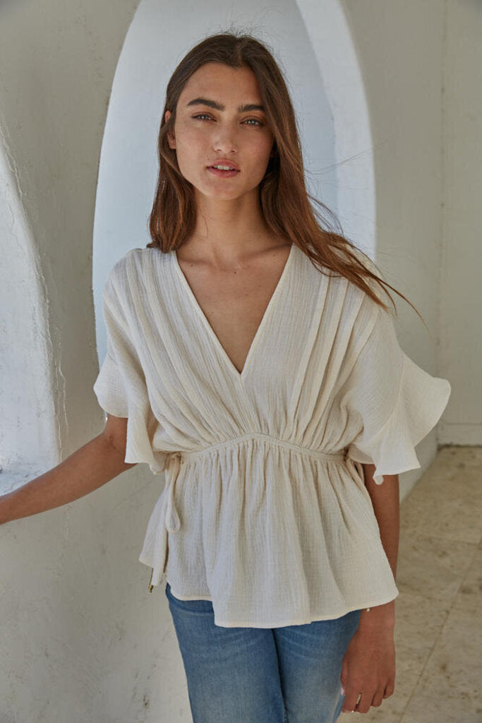 BY TOGETHER Cream Gauze V-Neck Short Sleeve Gauze Top