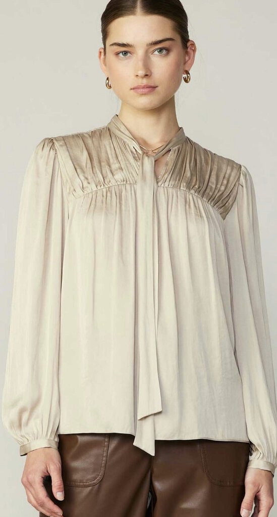 CURRENT AIR Ecru Long Sleeve Self Tie Pleated Blouse Top