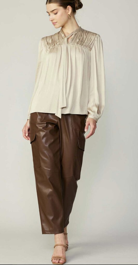 CURRENT AIR Ecru Long Sleeve Self Tie Pleated Blouse Top