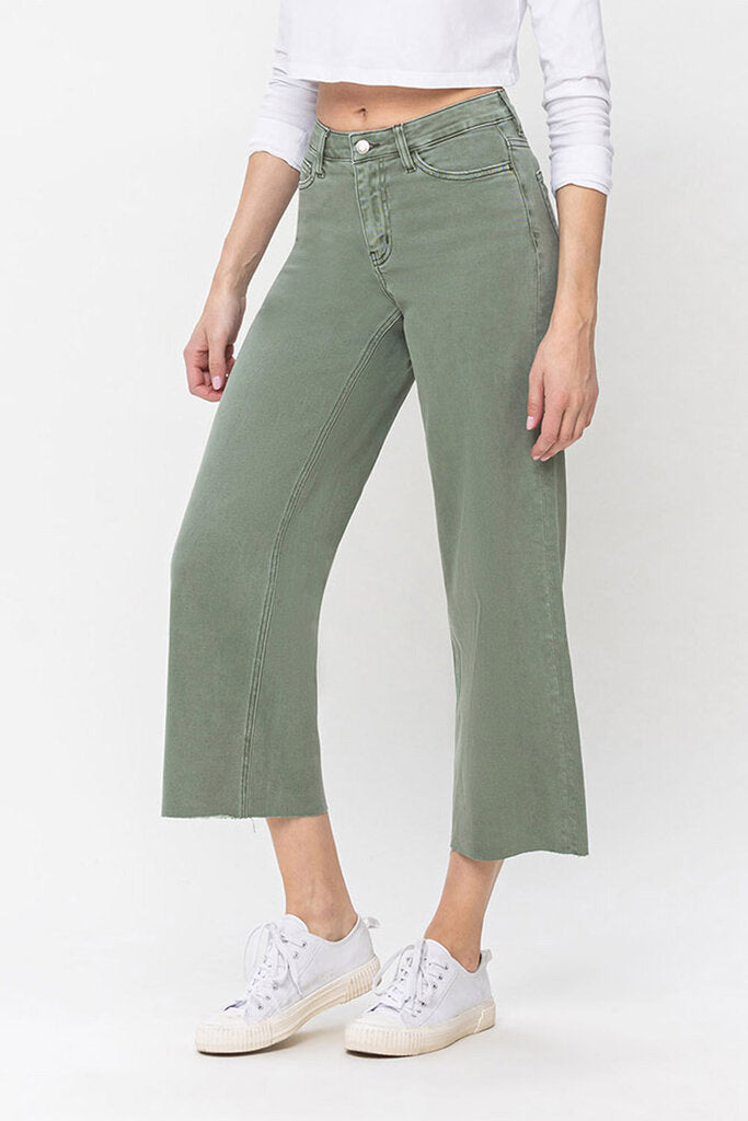VERVET Army Green Wide Leg Unfinished Hemline Jean