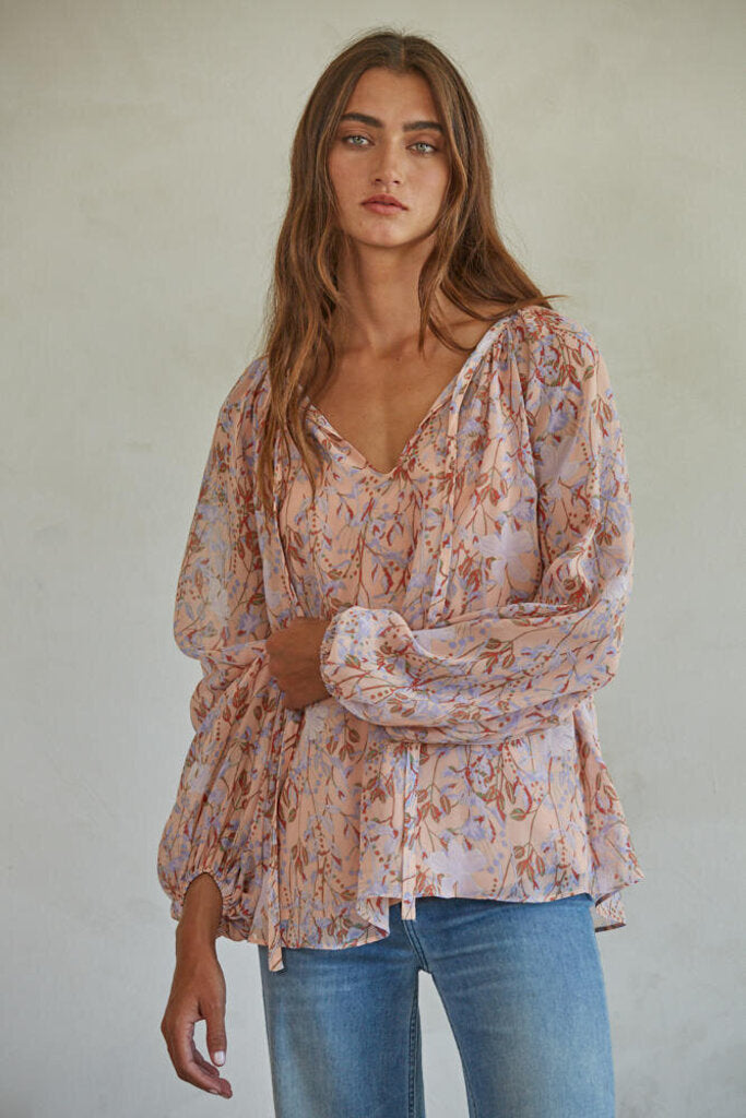 By Together Blush and Multi Long Sleeve Blouse Top