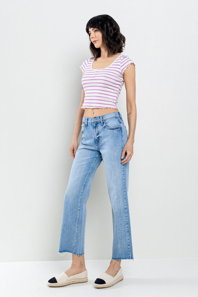 SNEAK PEEK HIGH RISE REGULAR STRAIGHT JEAN WITH RAW CUT HEM IN LIGHT WASH