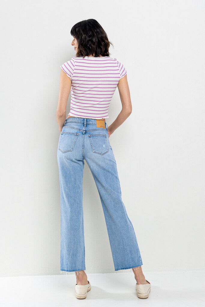 SNEAK PEEK HIGH RISE REGULAR STRAIGHT JEAN WITH RAW CUT HEM IN LIGHT WASH