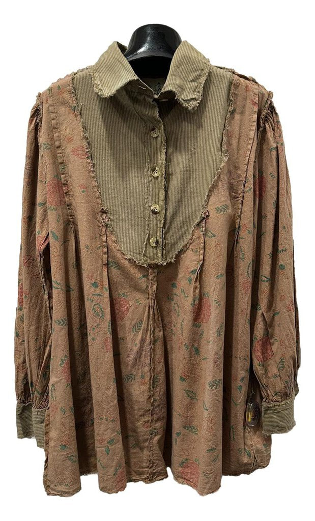 JADED GYPSY Tan floral and Stripes Long Sleeve Cotton Top with a Button-half Placket