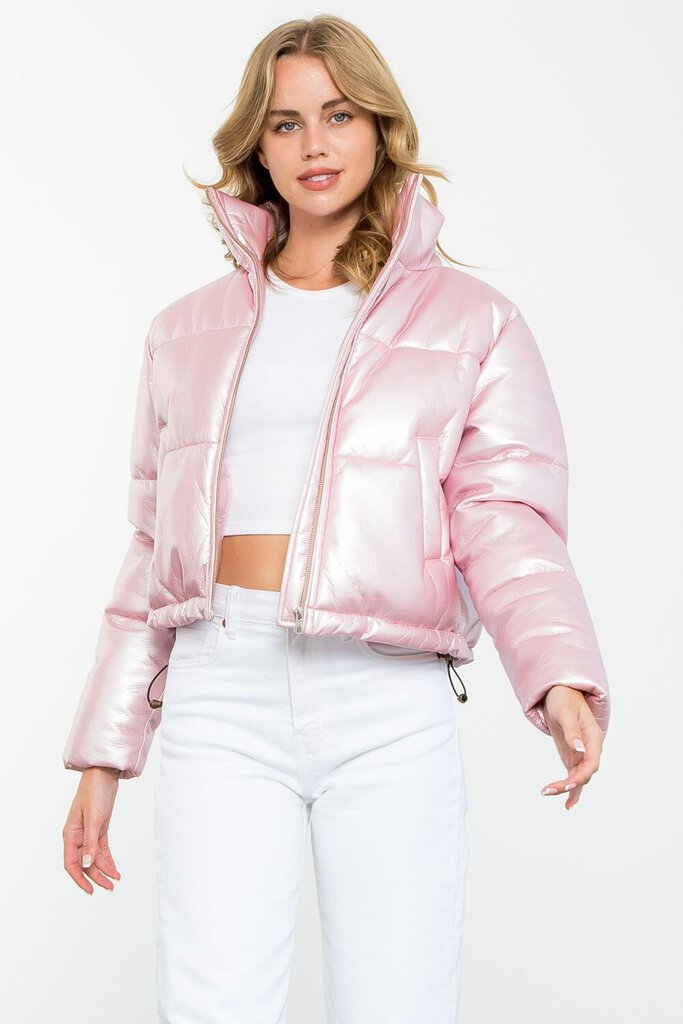 THML Light Pink Metallic Zip Up Long Sleeve Puffer Jacket