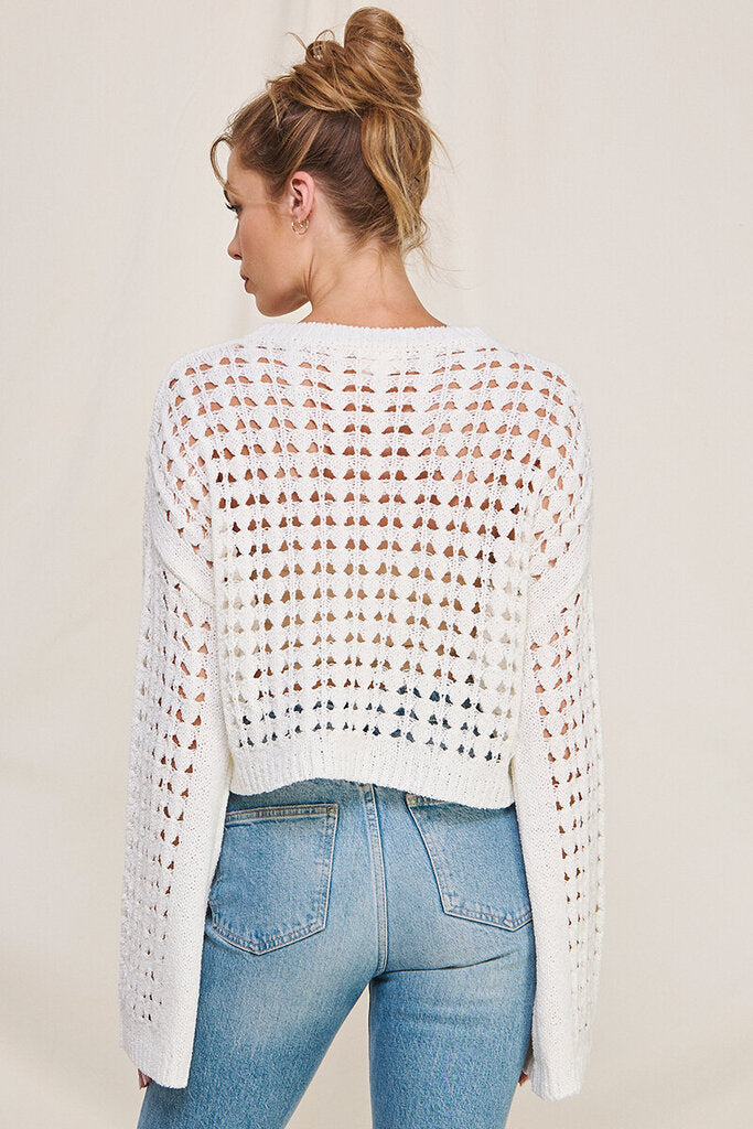 ALLIE ROSE WHITE LONG FLARED SLEEVE OPEN-WEAVE KNIT SWEATER TOP