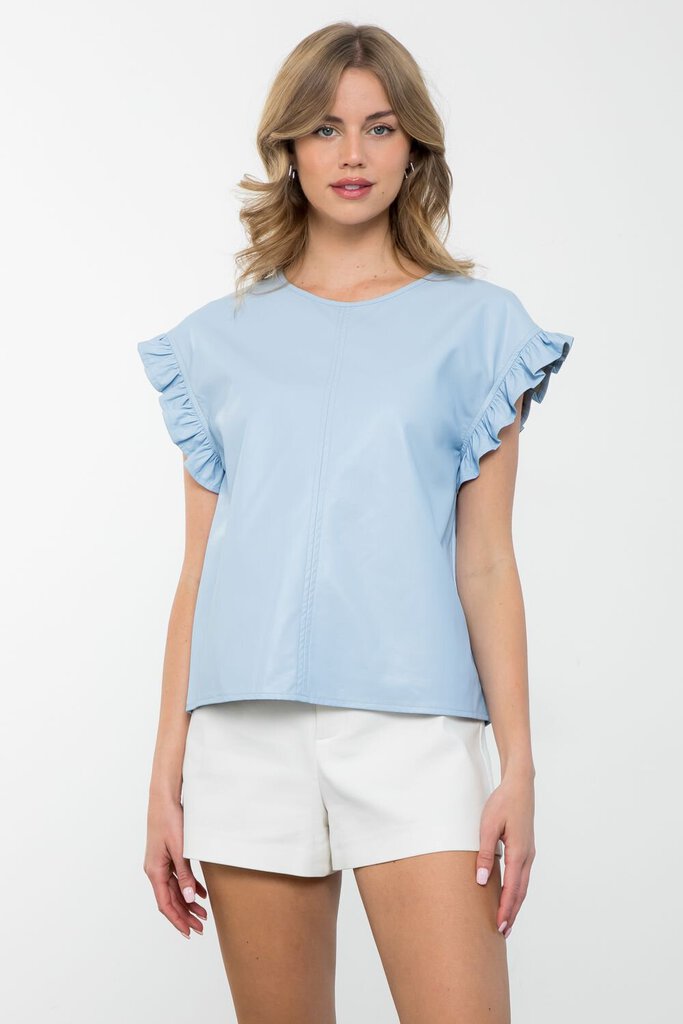 THML Powder Blue Pleather Ruched Sleeve Top