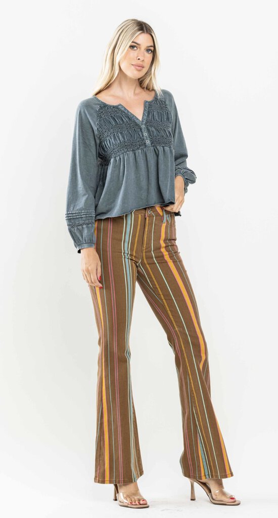 JUDY BLUE Mid Rise Stretch Striped Flare Denim