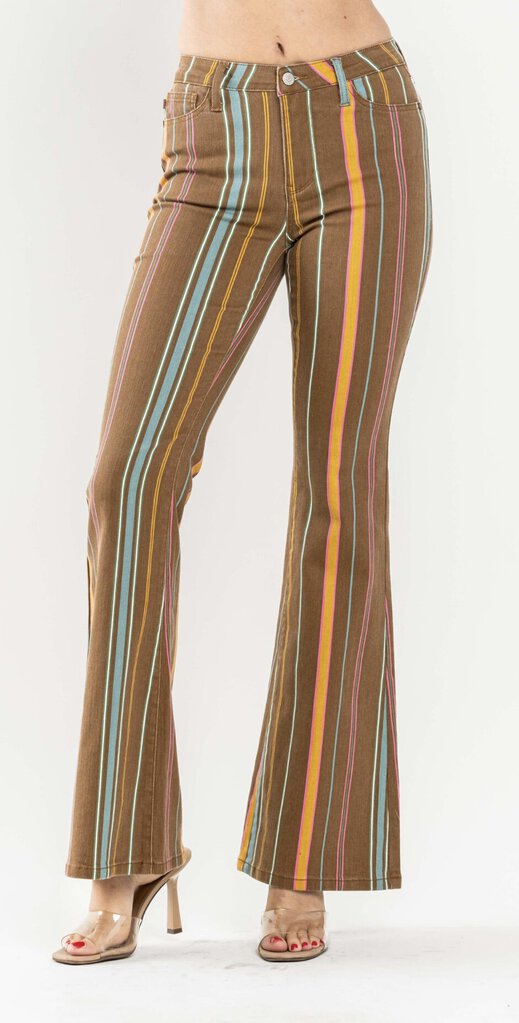 JUDY BLUE Mid Rise Stretch Striped Flare Denim