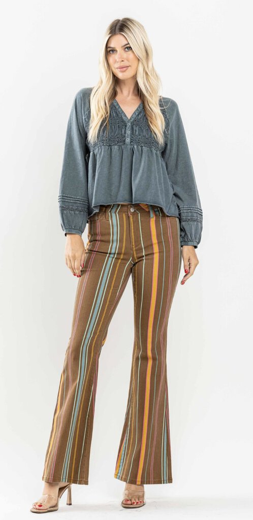 JUDY BLUE Mid Rise Stretch Striped Flare Denim