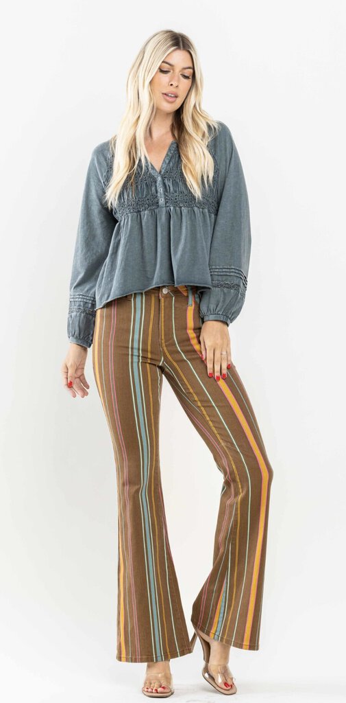 JUDY BLUE Mid Rise Stretch Striped Flare Denim