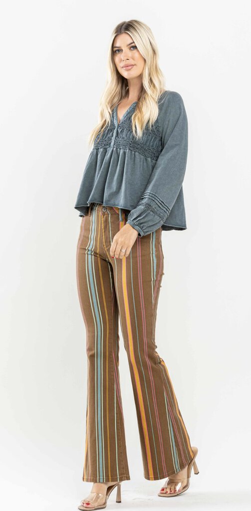 JUDY BLUE Mid Rise Stretch Striped Flare Denim