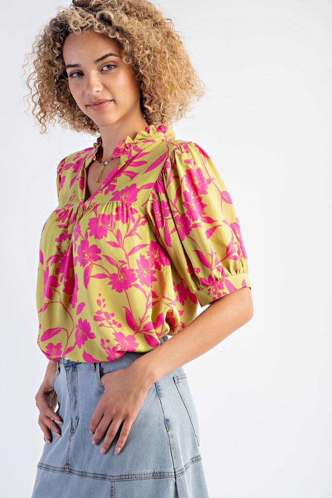 EASEL Pistachio and Pink Floral Puffed Short Sleeve Top
