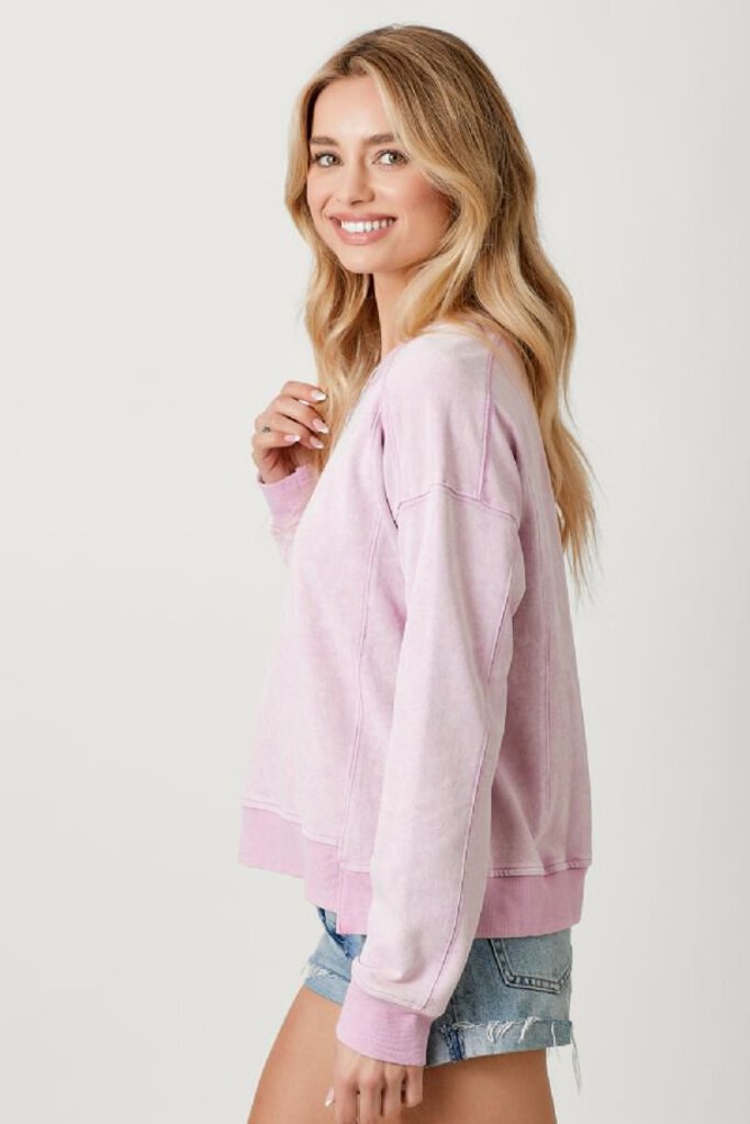 MYSTREE Washed Terry Cotton Lavender Pink Long Sleeve Top
