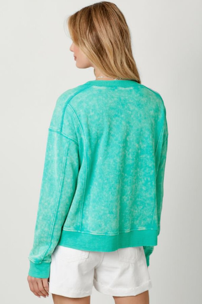 MYSTREE WASHED TERRY COTTON EMERALD LONG SLEEVE TOP