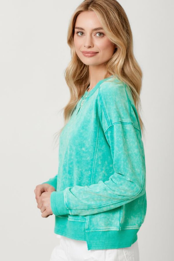 MYSTREE WASHED TERRY COTTON EMERALD LONG SLEEVE TOP