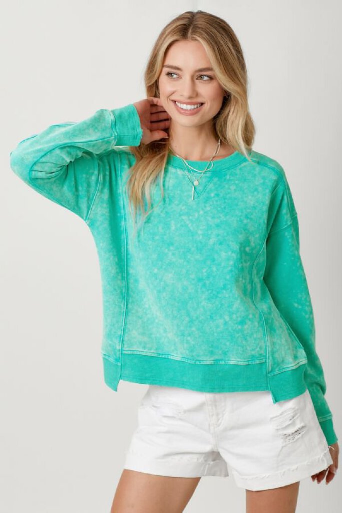 MYSTREE WASHED TERRY COTTON EMERALD LONG SLEEVE TOP