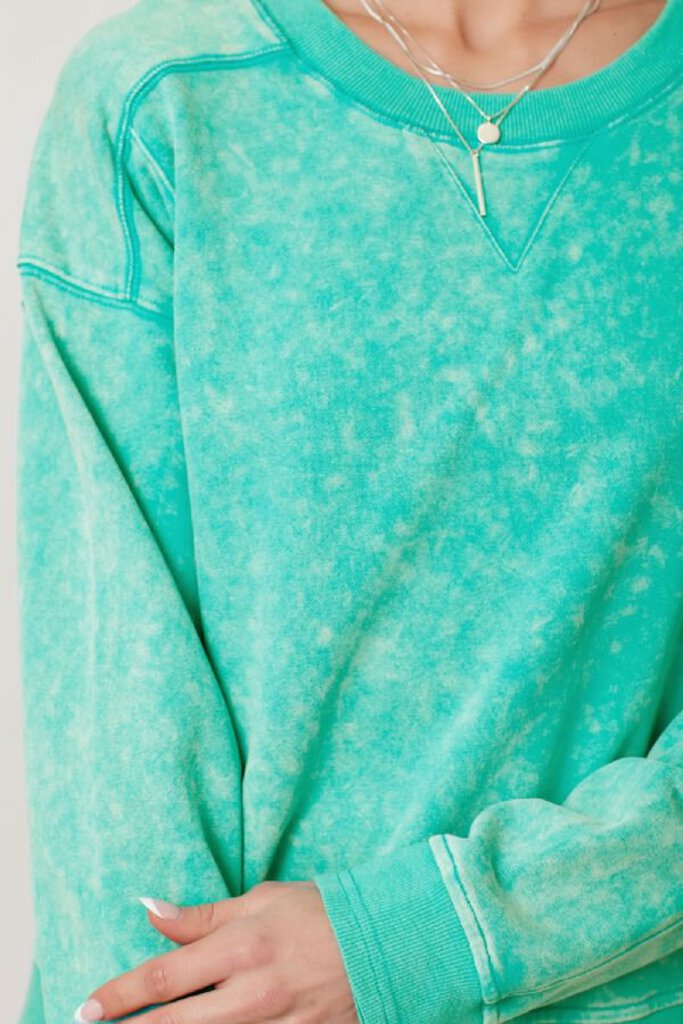MYSTREE WASHED TERRY COTTON EMERALD LONG SLEEVE TOP