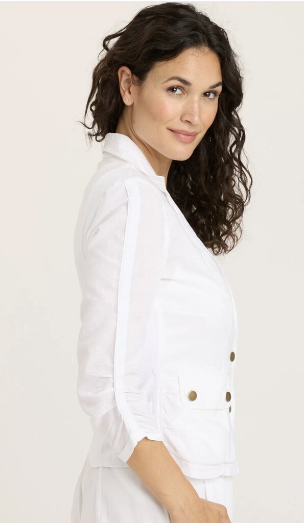 WEARABLES White Linen Shirred Mid Sleeve Front Pocket Jacket