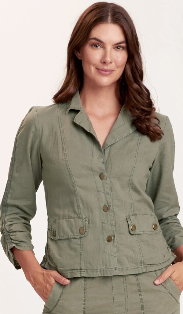 WEARABLES OLIVE LINEN SHIRRED MID SLEEVE FRONT POCKET JACKET