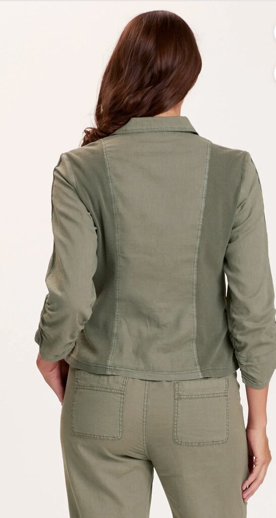 WEARABLES OLIVE LINEN SHIRRED MID SLEEVE FRONT POCKET JACKET
