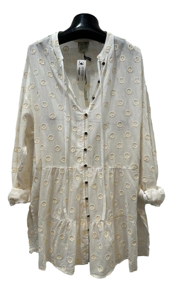 JADED GYPSY Off White Cotton Long Sleeve Peace Tunic Made in the USA