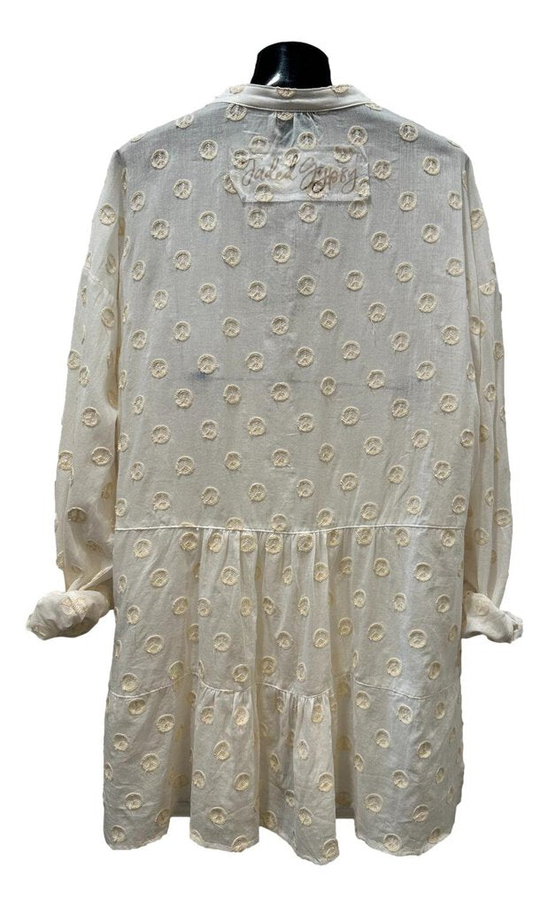 JADED GYPSY Off White Cotton Long Sleeve Peace Tunic Made in the USA