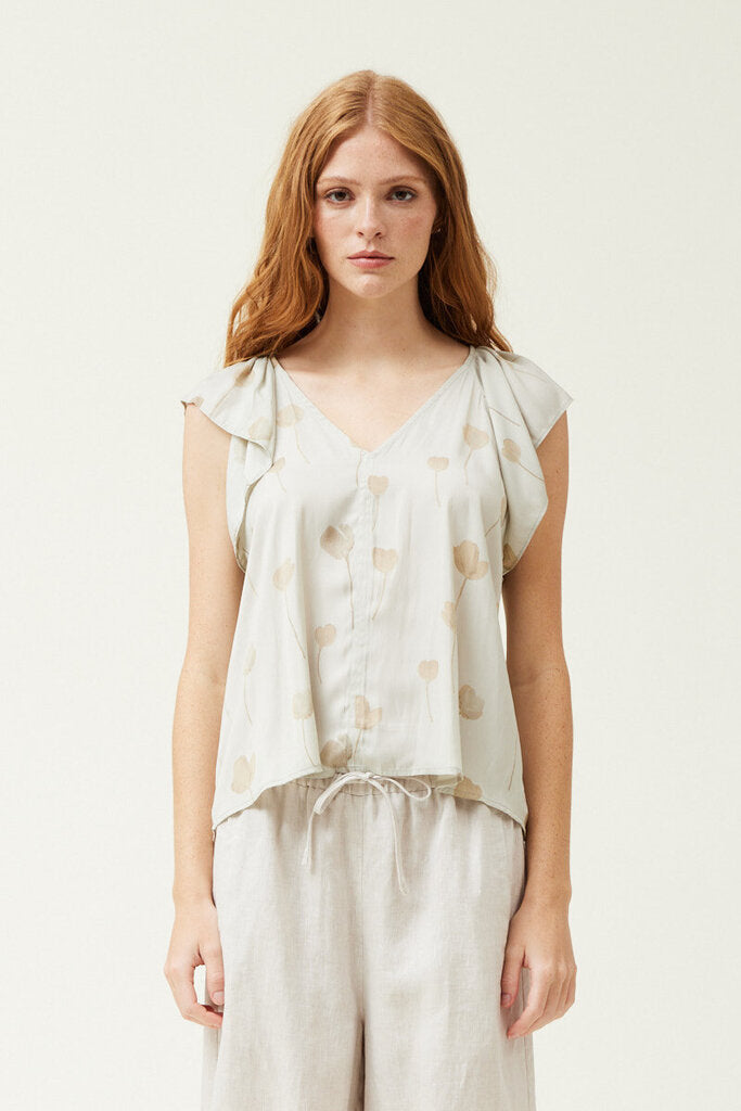 GRADE & GATHER V-neck Soft Antique Grey & Flower Print Short Sleeve Top