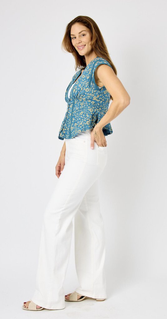 JUDY BLUE White High Rise Braided Waistband Detail Wide Leg Jean