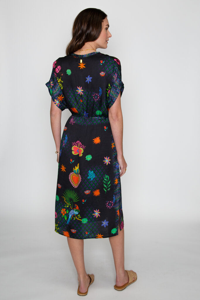 RUBY YAYA Stunning Black V-Neck Short Sleeve Bright Printed Dress with Tassel Belt