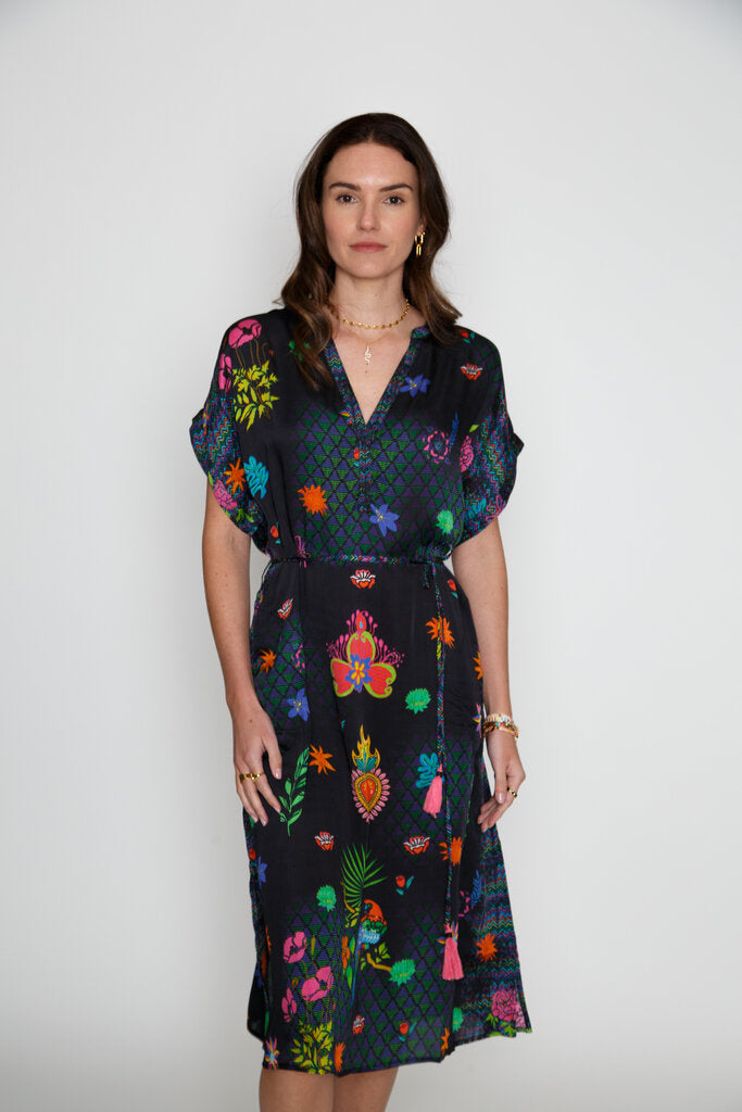 RUBY YAYA Stunning Black V-Neck Short Sleeve Bright Printed Dress with Tassel Belt