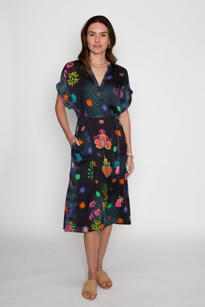 RUBY YAYA Stunning Black V-Neck Short Sleeve Bright Printed Dress with Tassel Belt