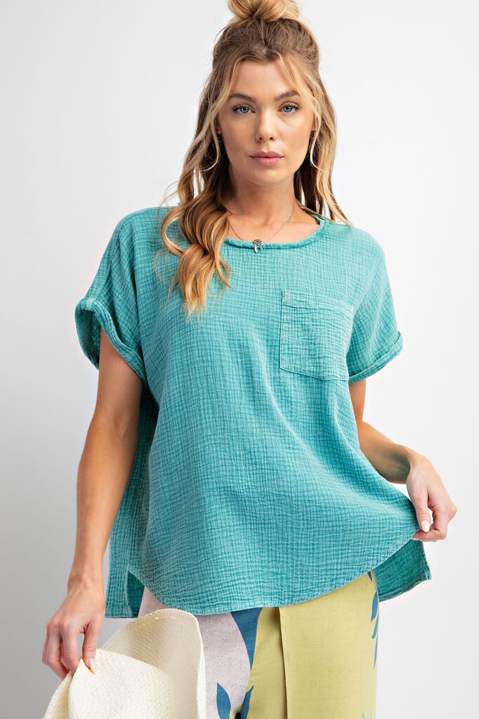 EASEL Turquoise Mineral Wash Gauze Short Sleeve Cotton Pocket Top