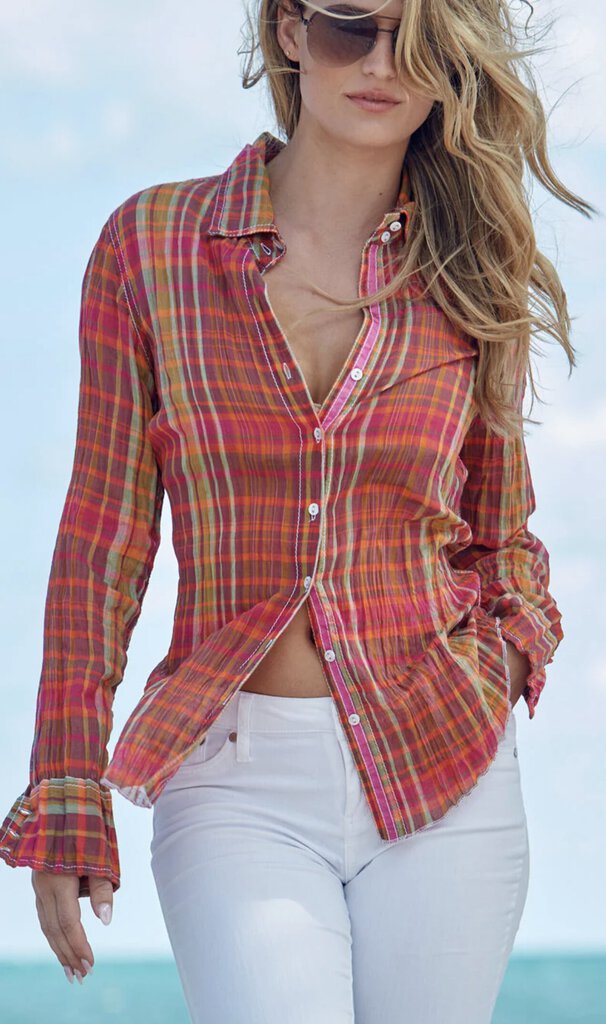 CINO Multi Plaid Button Down Long Sleeve Crinkle Top