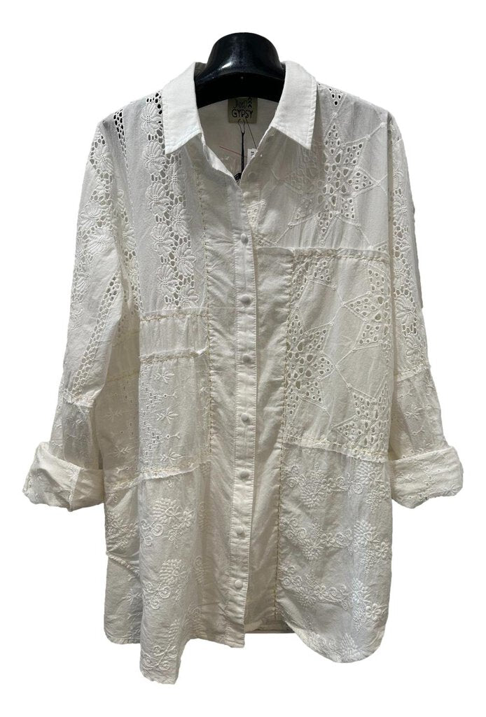 JADED GYPSY White Patch Eyelet Mix it Up Button Up Long Sleeve Top Made in America