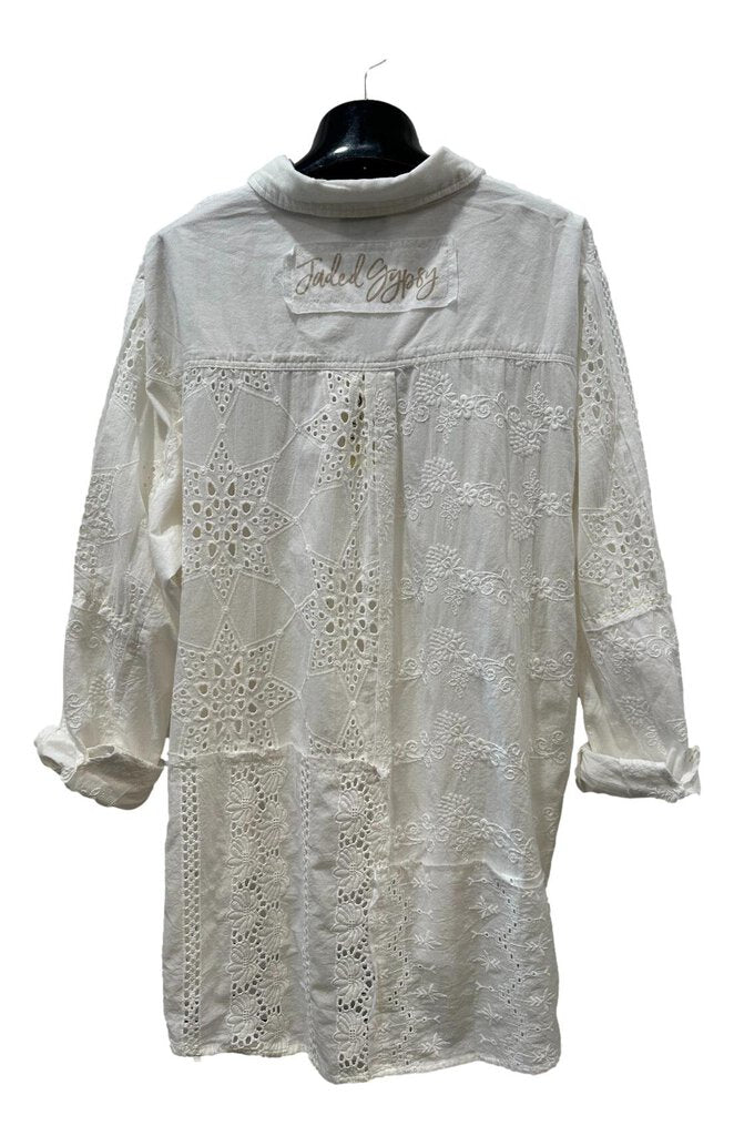 JADED GYPSY White Patch Eyelet Mix it Up Button Up Long Sleeve Top Made in America