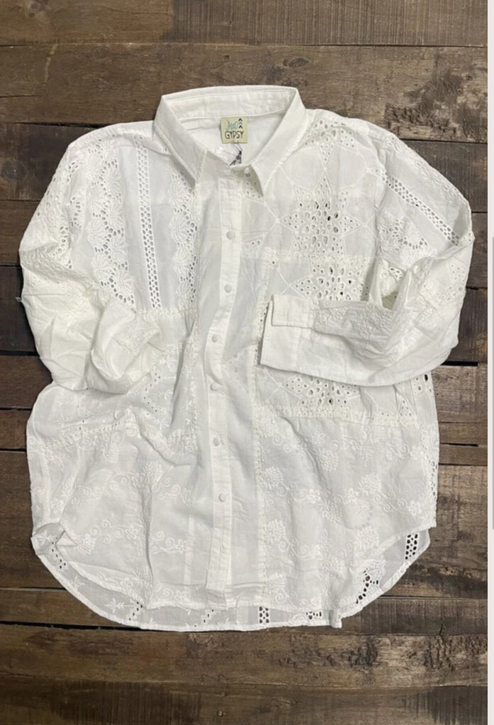 JADED GYPSY White Patch Eyelet Mix it Up Button Up Long Sleeve Top Made in America