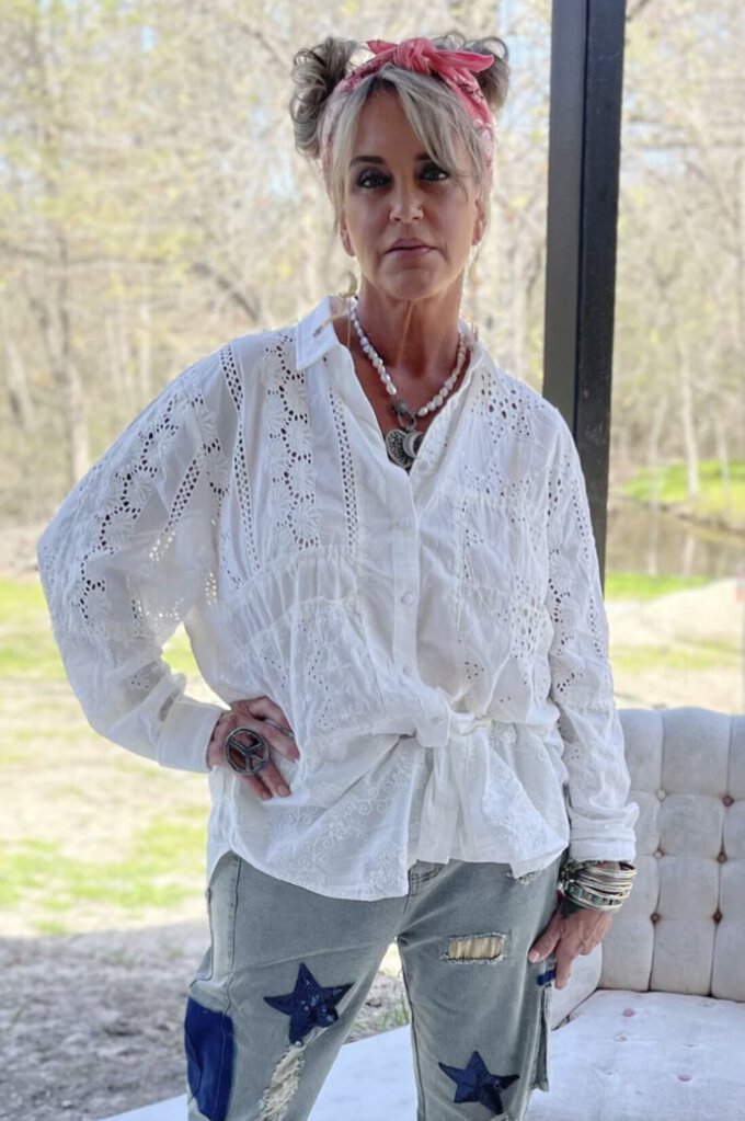 JADED GYPSY White Patch Eyelet Mix it Up Button Up Long Sleeve Top Made in America