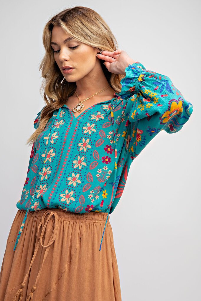 EASEL Turquoise & Multi Floral Long Sleeve Top