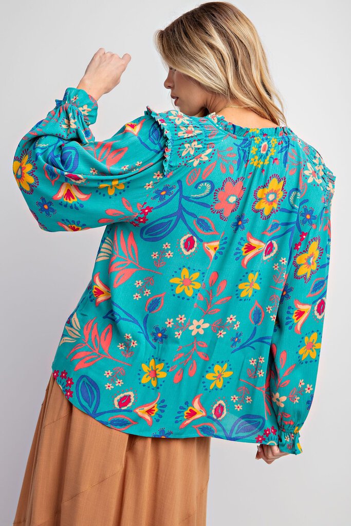 EASEL Turquoise & Multi Floral Long Sleeve Top