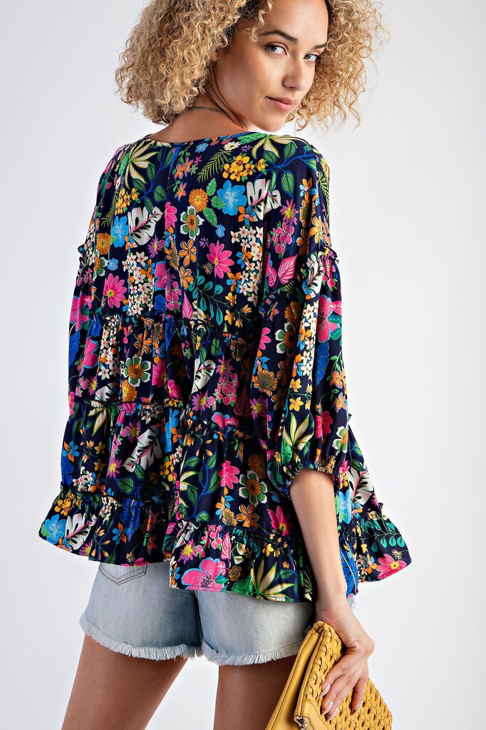 EASEL Navy and Mixed Floral Tiered Top